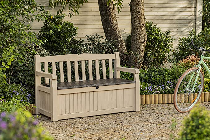 Garden Storage Bench 265L - Beige & Brown Resin