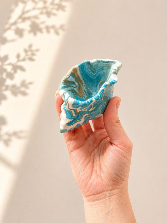 Handmade Jesmonite Shell Trinket Dish | Coastal Ring Holder, Marbled Tray Ocean Gold