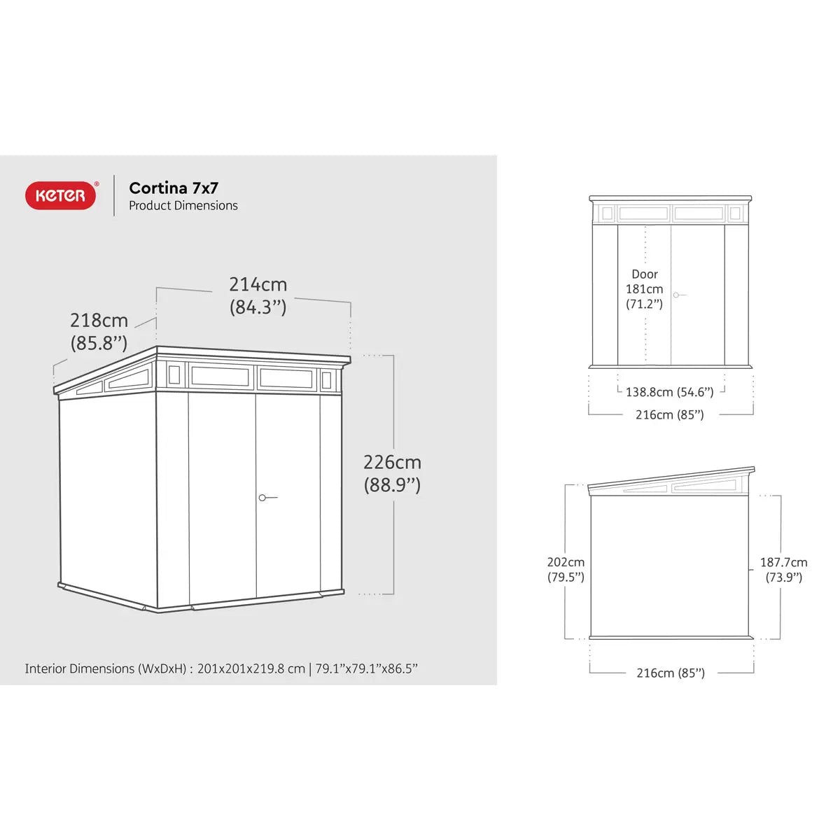 Plastic Garden Shed 7 x 7ft - Grey Resin, Double Doors