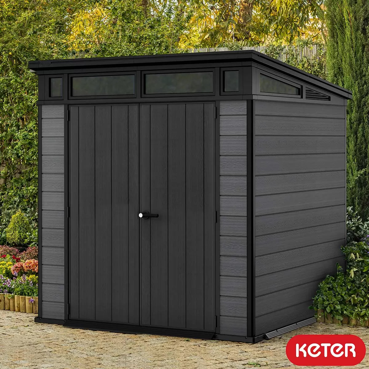 Plastic Garden Shed 7 x 7ft - Grey Resin, Double Doors