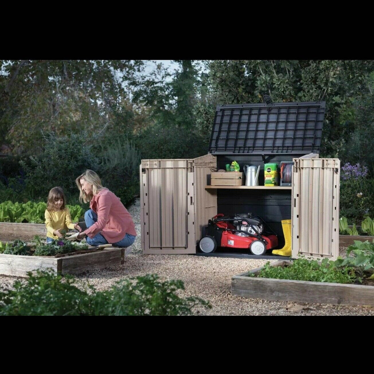 Garden Storage Box 880L - Beige & Brown, Lockable Resin