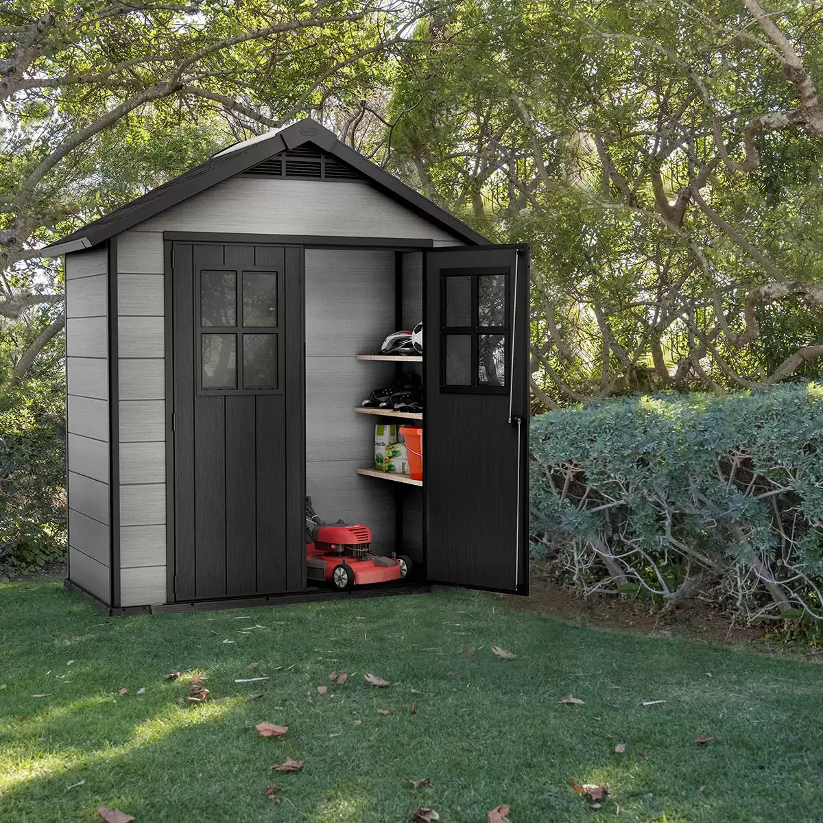 Plastic Garden Shed 7.5 x 4ft - Grey Resin, Double Doors