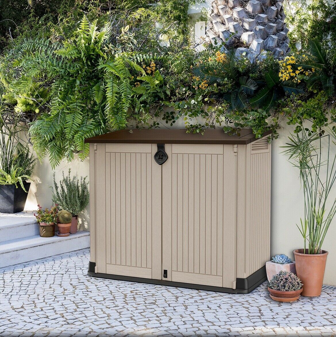 Garden Storage Box 880L - Beige & Brown, Lockable Resin