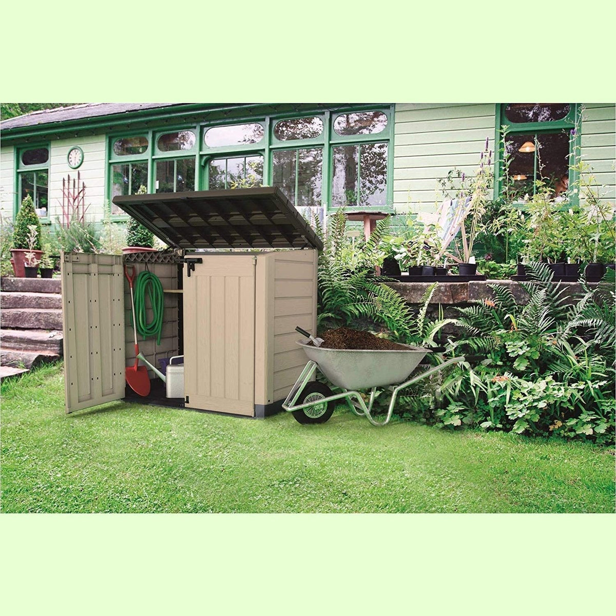 Garden Storage Box 1200L - Beige & Brown, Front & Top Access