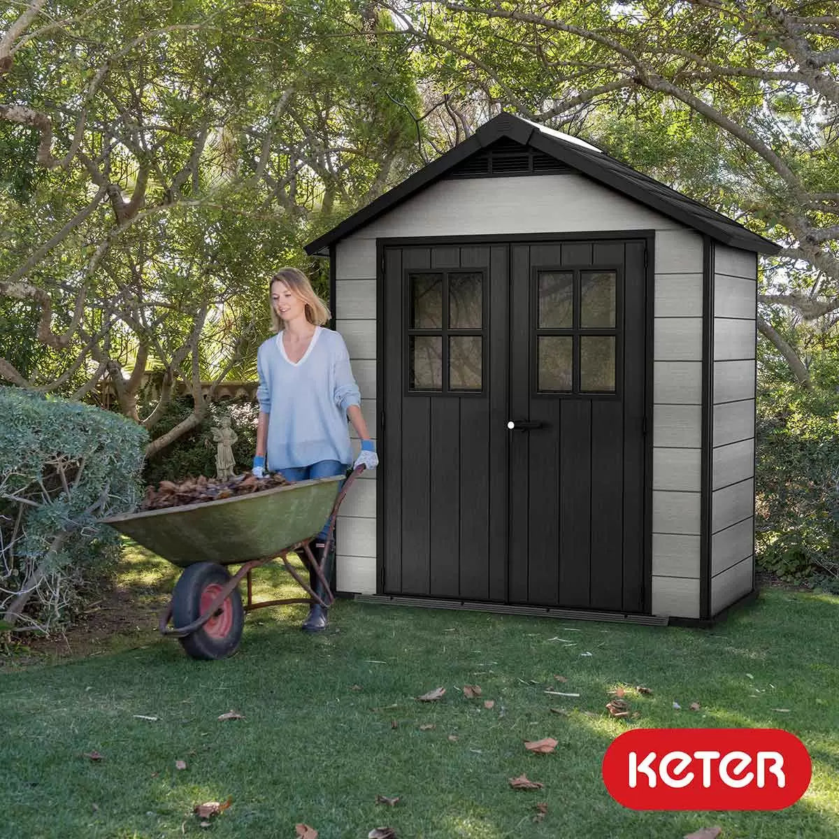 Plastic Garden Shed 7.5 x 4ft - Grey Resin, Double Doors