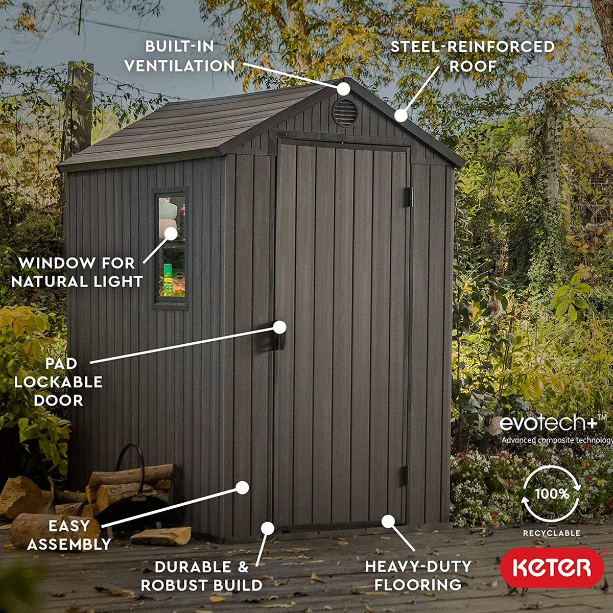 Plastic Garden Shed 6 x 4ft - Grey Resin, Single Door