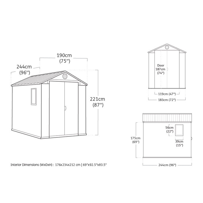 Plastic Garden Shed 6 x 8ft - Grey, Double Doors & Skylight