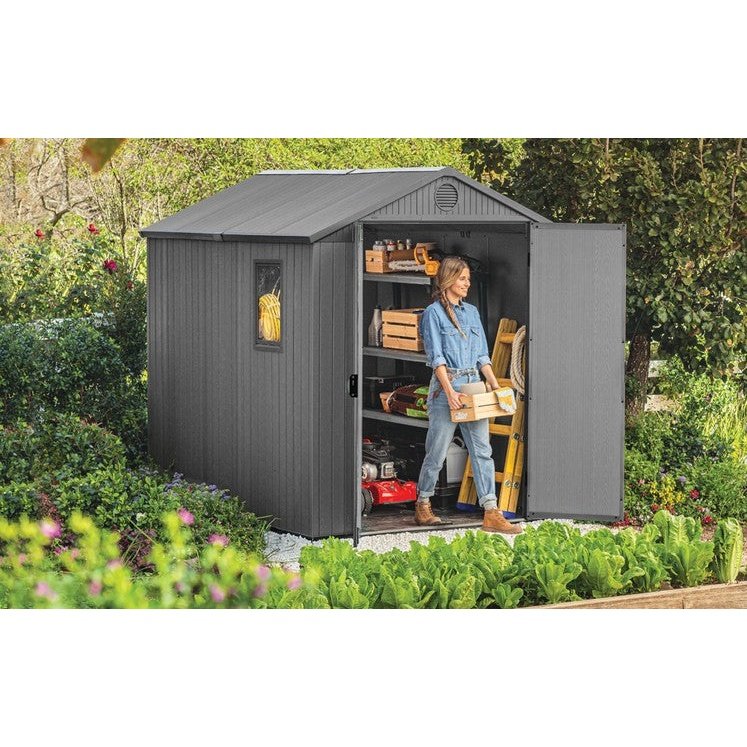 Plastic Garden Shed 6 x 8ft - Grey, Double Doors & Skylight