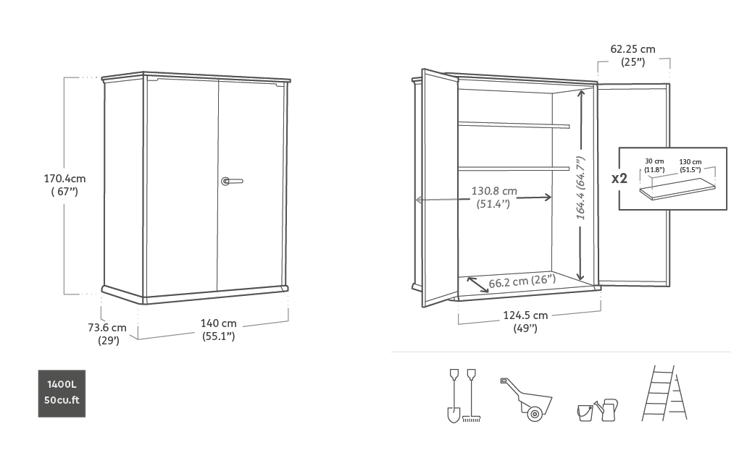 Outdoor Storage Cabinet 1400L - Tall Grey Resin, Lockable