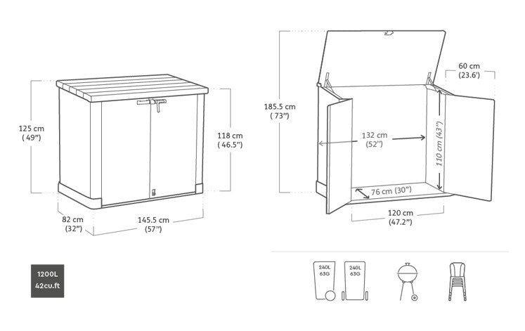 Garden Storage Box 1200L - Dark Green, Front & Top Access