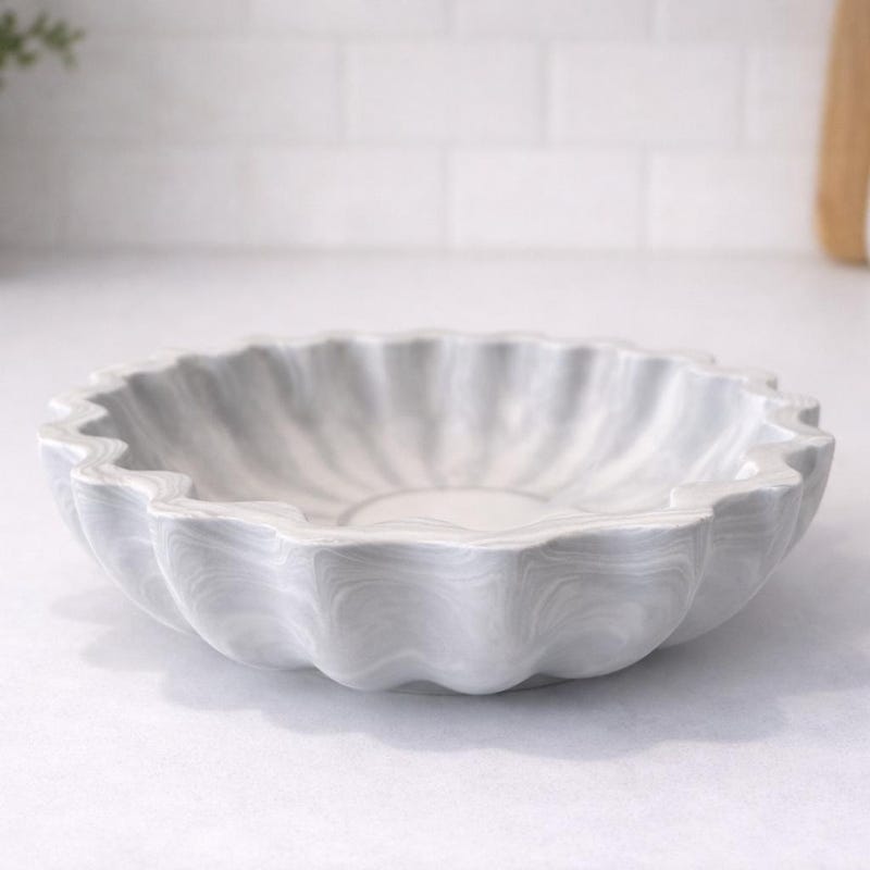 Handmade Jesmonite Wavy Edge Trinket Dish – White and Grey Marbled Bowl