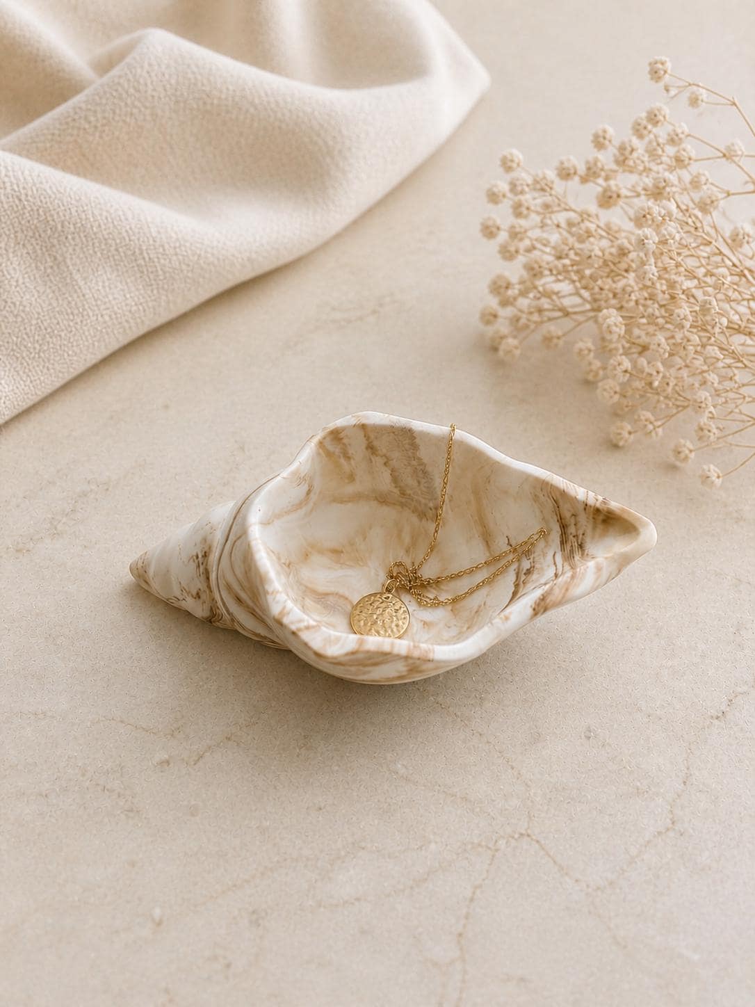 Handmade Jesmonite Shell Trinket Dish | Coastal Ring Holder, Marbled Tray
