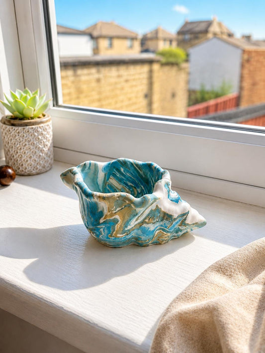 Handmade Jesmonite Shell Trinket Dish | Coastal Ring Holder, Marbled Tray Ocean Gold
