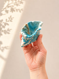 Handmade Jesmonite Shell Trinket Dish | Coastal Ring Holder, Marbled Tray Ocean Gold